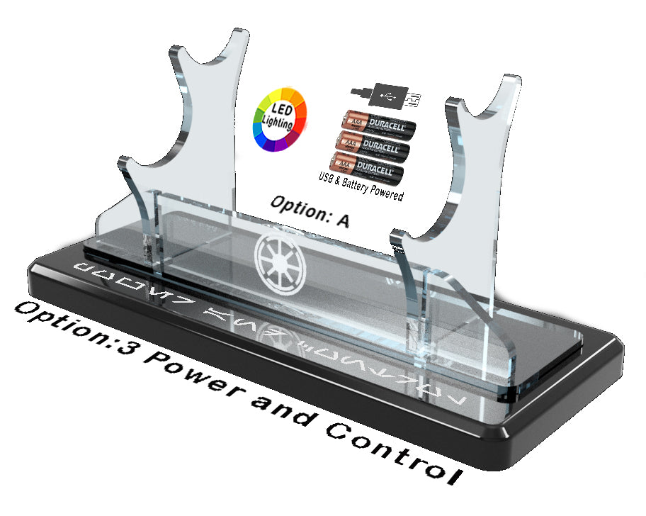 Double Tier LED Light Saber Display Stand with Insignia & Text - USB/Battery