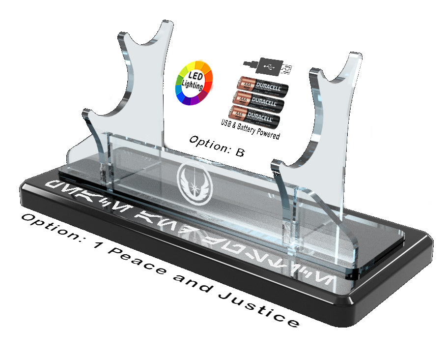 Double Tier LED Light Saber Display Stand with Insignia & Text - USB/Battery