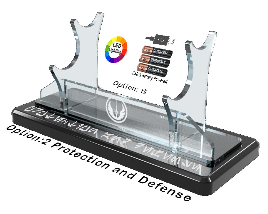 Double Tier LED Light Saber Display Stand with Insignia & Text - USB/Battery