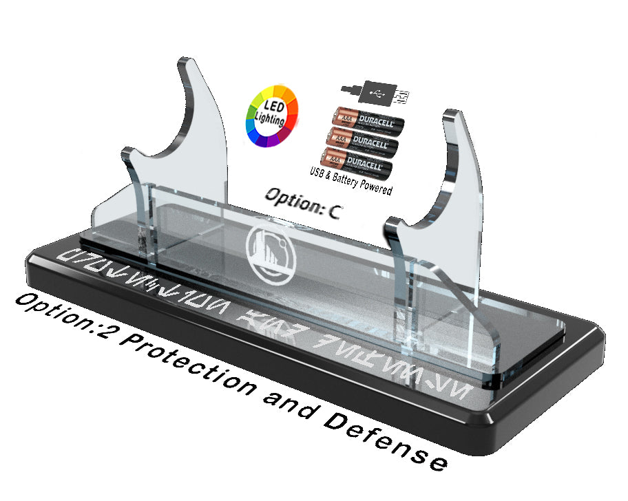Single Tier LED Light Saber Display Stand with Insignia & Text - USB/Battery