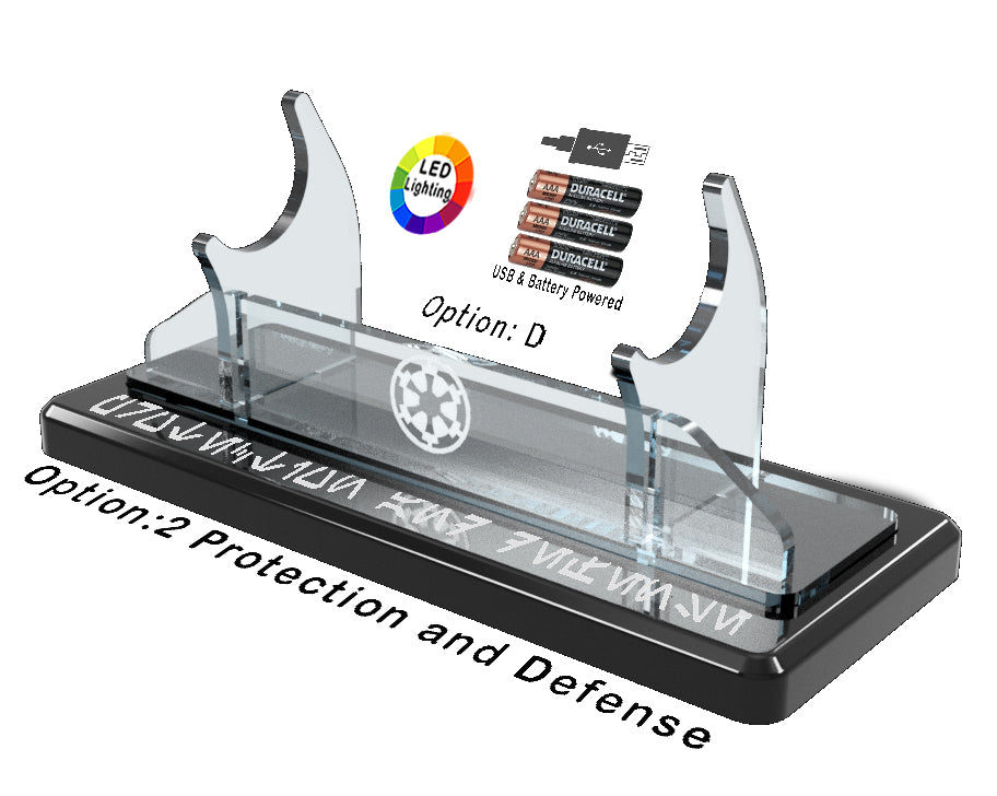 Single Tier LED Light Saber Display Stand with Insignia & Text - USB/Battery