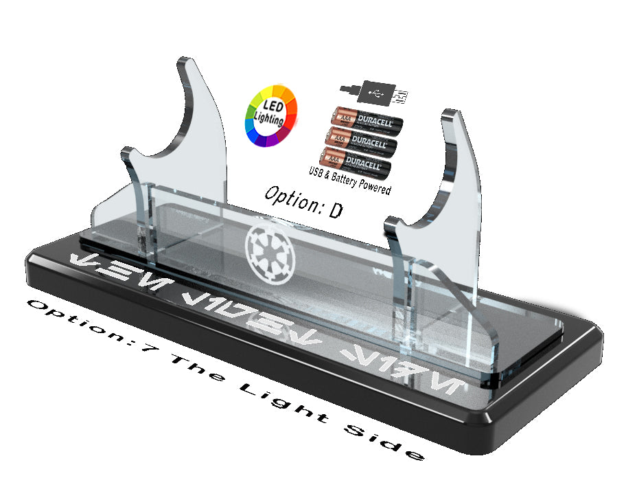 Single Tier LED Light Saber Display Stand with Insignia & Text - USB/Battery