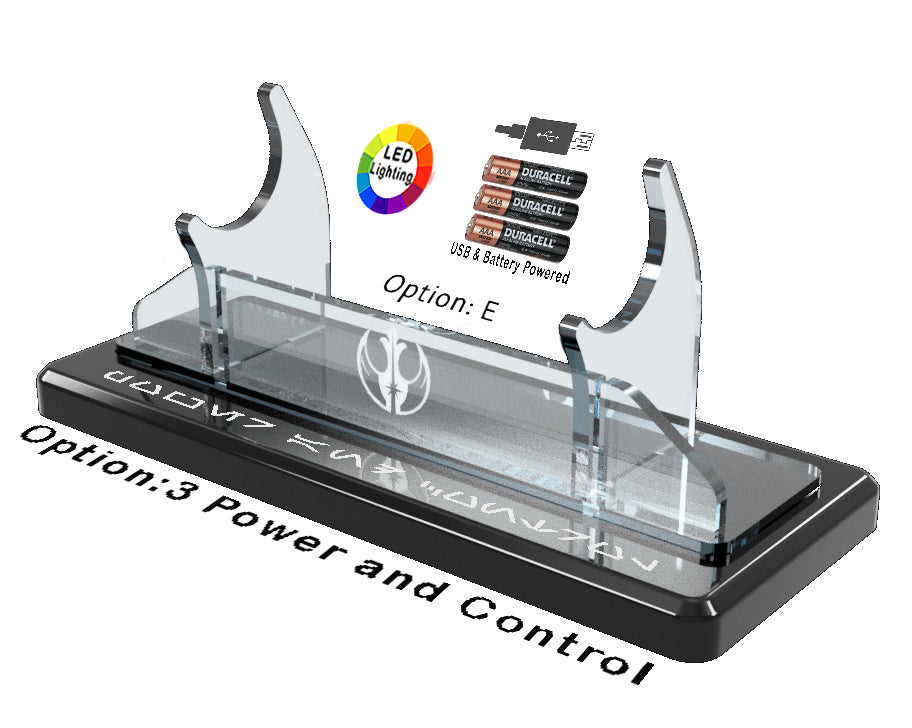 Single Tier LED Light Saber Display Stand with Insignia & Text - USB/Battery