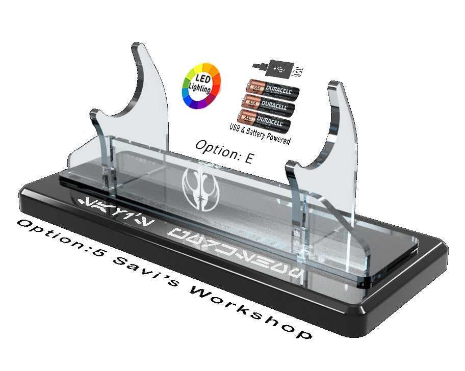 Single Tier LED Light Saber Display Stand with Insignia & Text - USB/Battery