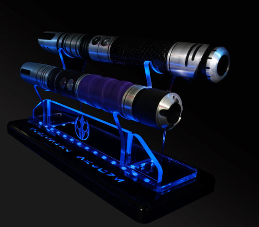 Double Tier LED Light Saber Display Stand with Insignia & Text - USB/Battery